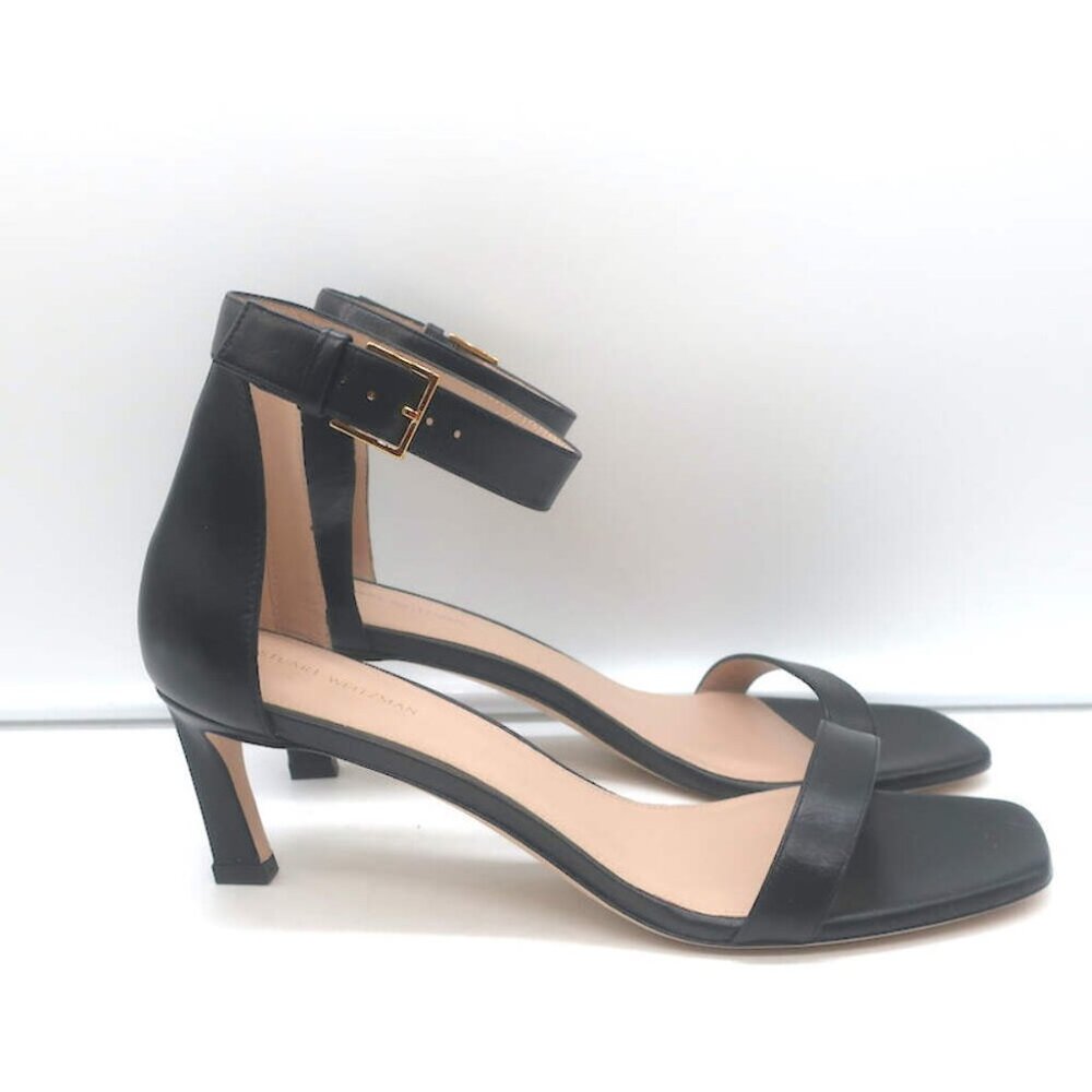 Stuart Weitzman Square Nudist Sandals Black Leather Size 9 Ankle Strap Heels NEW - Picture 2 of 10